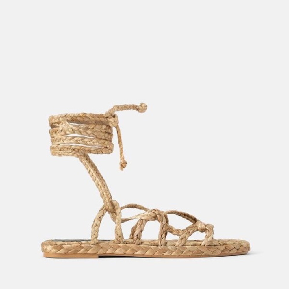 Zara Natural Woven Jute Tie Up Strap Sandals